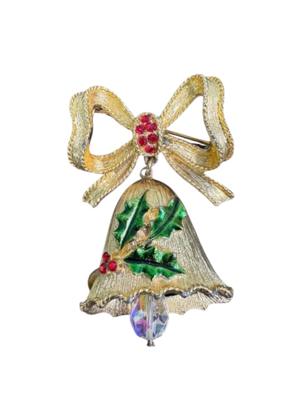 Vintage Corel Gold Bell Brooch with Holly and Bow AB Crystal Red Rhinestones